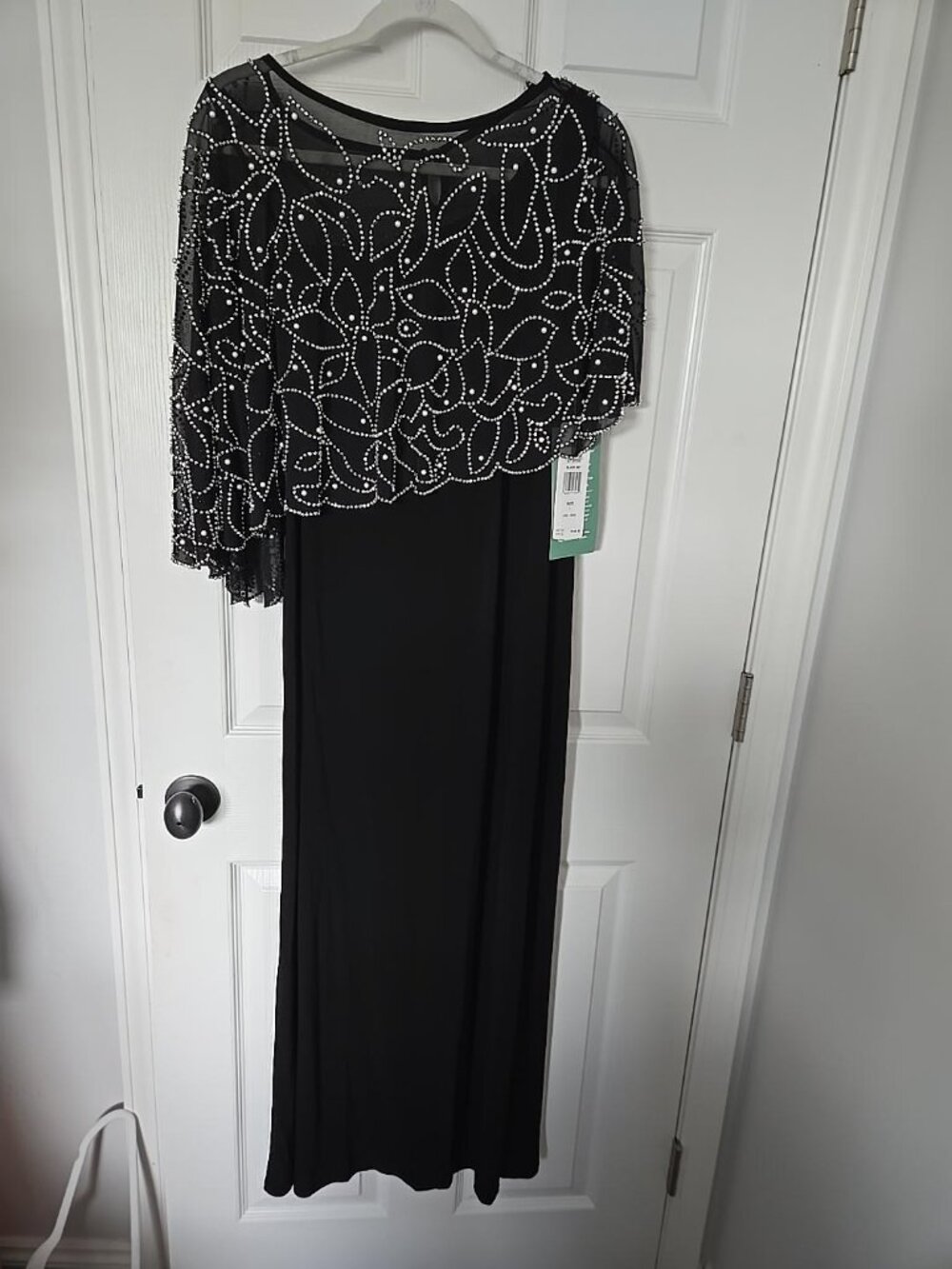 NWT MSK Black Embellished Cape Overlay Maxi Evening Dress, Size L